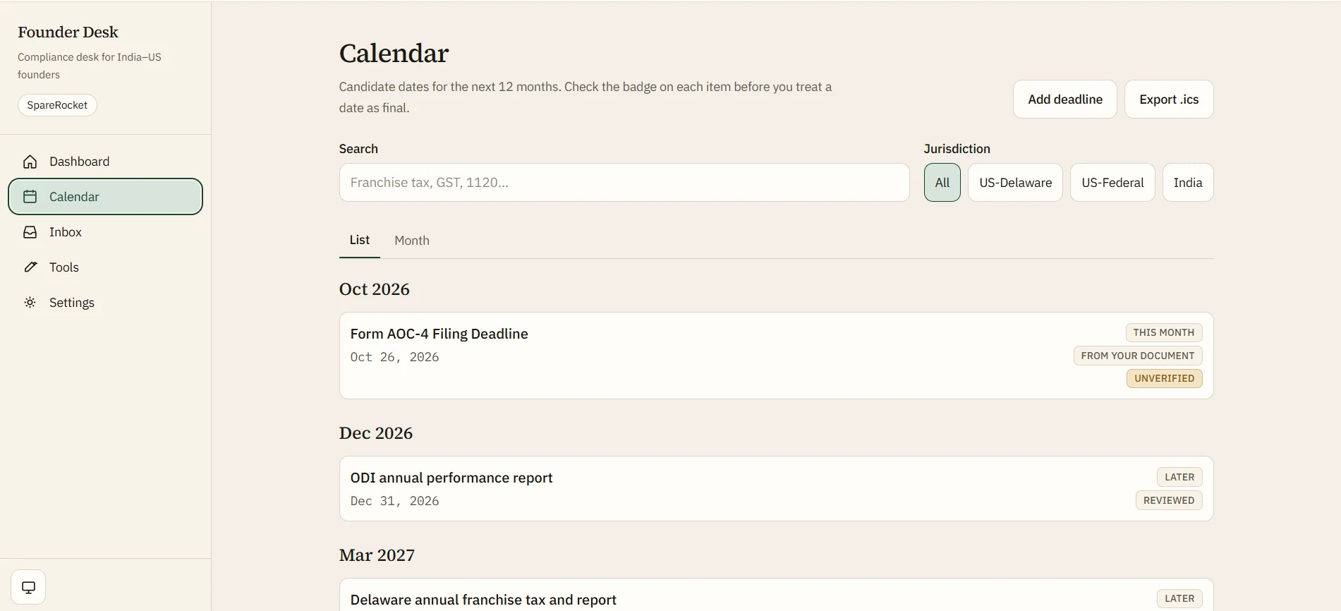 Founder Desk calendar in list view, grouped by month, with search and jurisdiction filters (All, US-Delaware, US-Federal, India). An AOC-4 deadline on Oct 26, 2026 is tagged This month, From your document and Unverified; the ODI annual performance report on Dec 31, 2026 is tagged Reviewed.