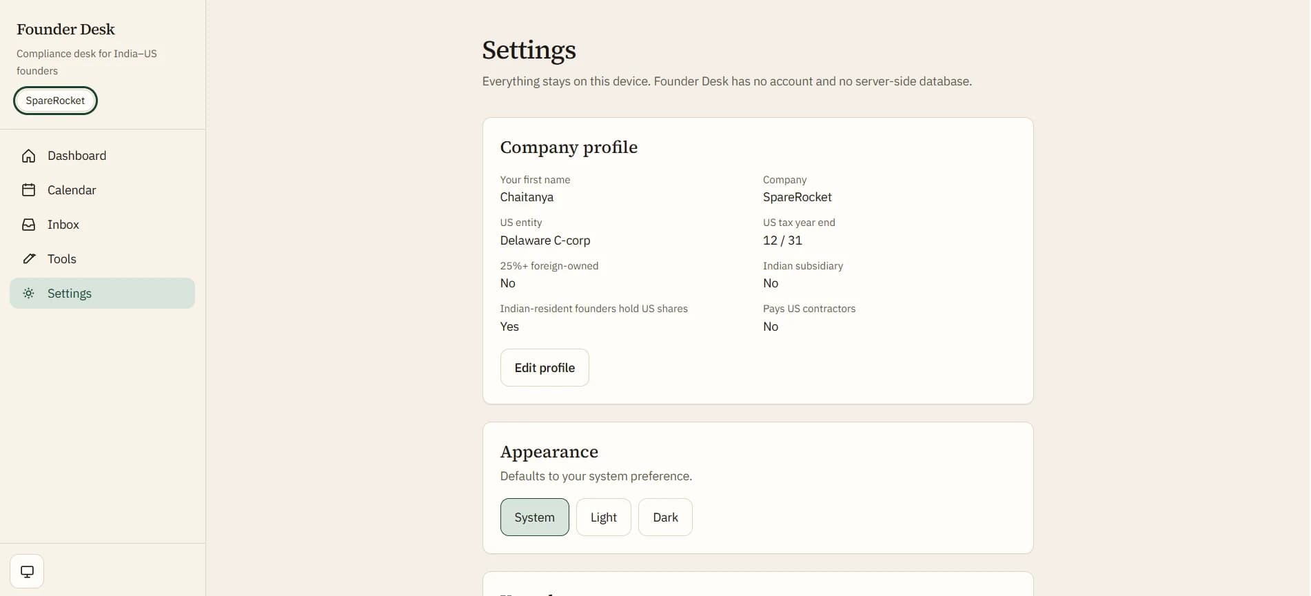 Founder Desk settings page showing the saved company profile (first name, company, US entity, tax year end, foreign ownership, Indian subsidiary, Indian-resident founders, US contractors) with an Edit profile button and Appearance options.