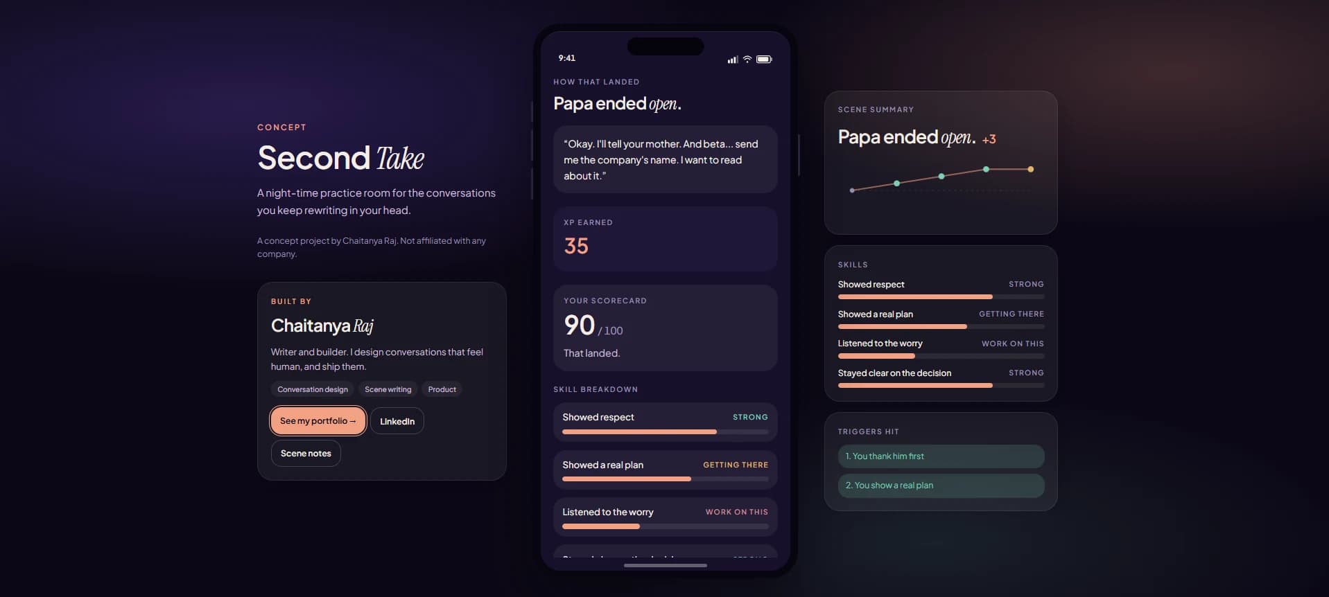 Second Take on desktop: a phone showing the end of a scene (Papa ended open, 35 XP, a scorecard of 90 out of 100 and a skill breakdown), with a creator card on the left and a scene summary panel on the right showing a rising mood line, four skill bars and the two triggers the player hit.