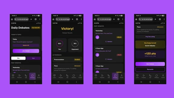 Four phone screens on a purple ground showing a Daily Debates feature: today's topic, a victory results screen with scores, past debates, and an AI feedback panel awarding points.