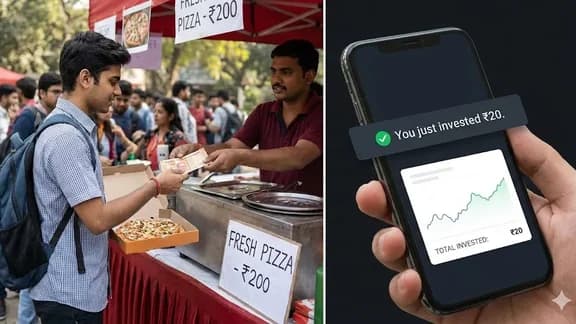 Split image: a student buying a two hundred rupee pizza at a stall, beside a phone showing a twenty rupee investment confirmation.